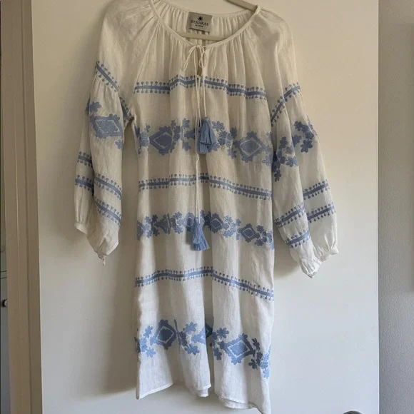 Blue and White Embroidered Dress in linen SMALL - Picture 4 of 5